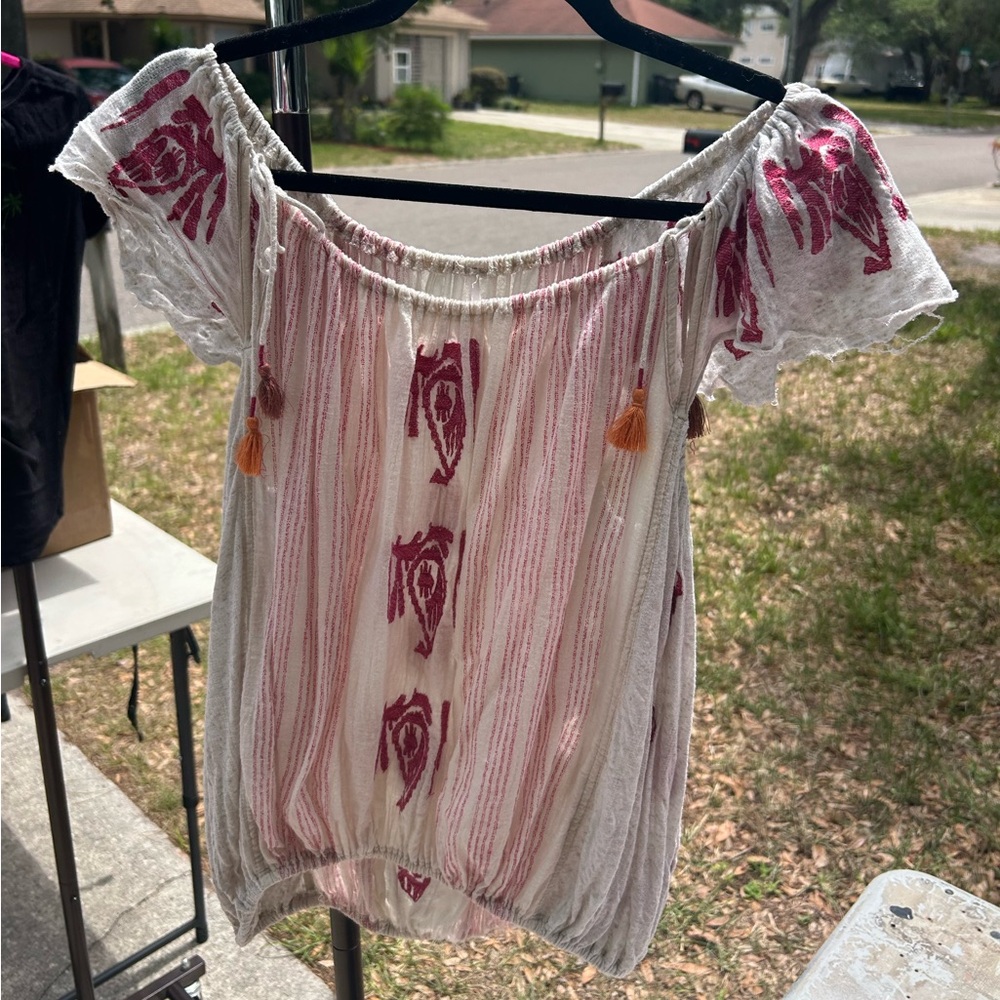 Bohemian Off-Shoulder Top in Pink and White